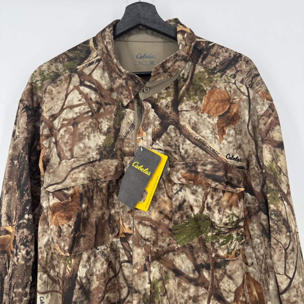 NEW Cabelas Zonz Woodlands Camo Long Sleeve Button Up Shirt Mens 2XL Hunting NWT